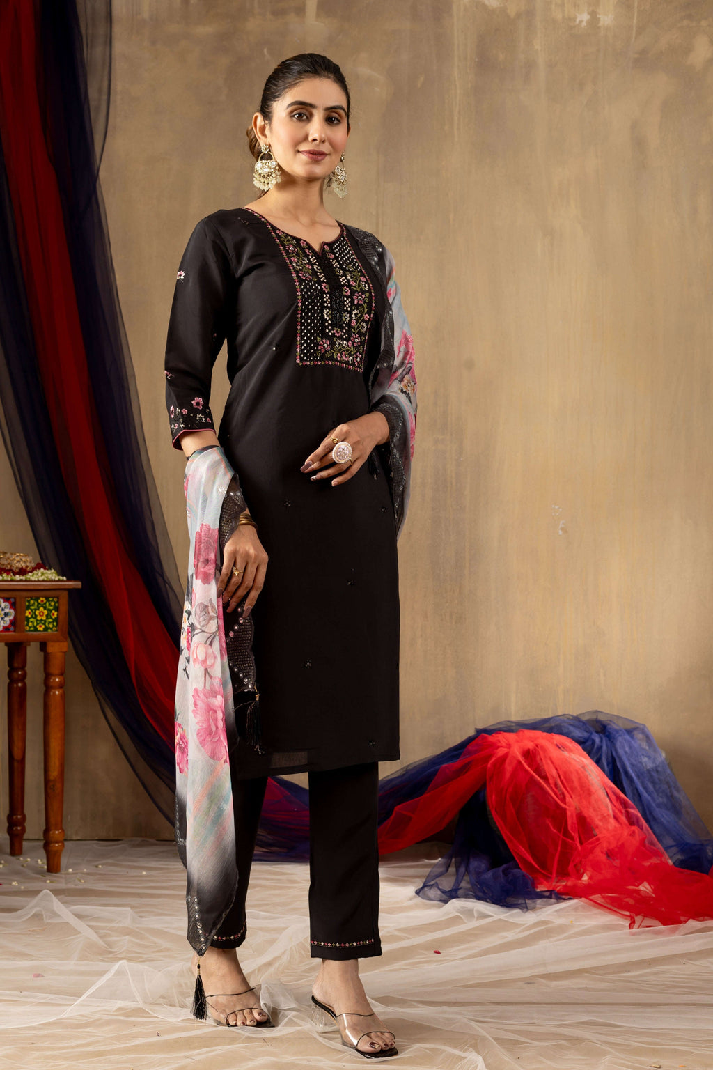 Elegant Straight Kurti Pant Dupatta Set KADV-108 - Black Kalikar