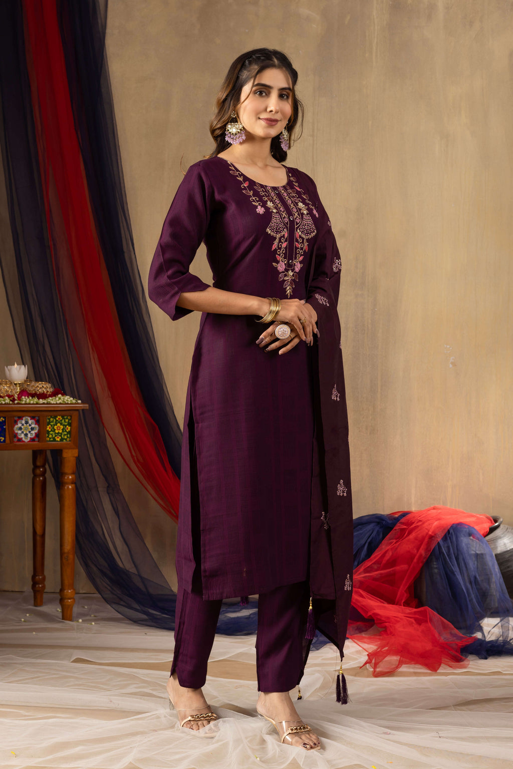 Elegant Straight Kurti Pant Dupatta Set KADV-104 - Wine Kalikar