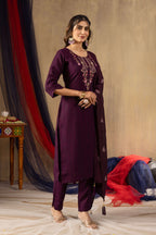 Elegant Straight Kurti Pant Dupatta Set KADV-104 - Wine Kalikar