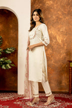 Elegant Straight Kurti Pant Dupatta Set-Off White Kalikar