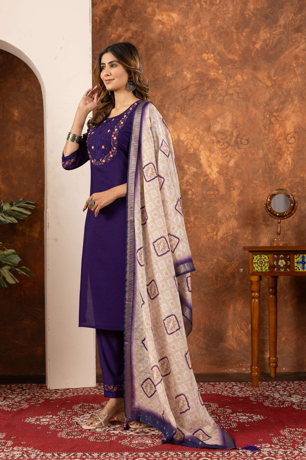 Elegant Straight Kurti Pant Dupatta Set - Purple Kalikar