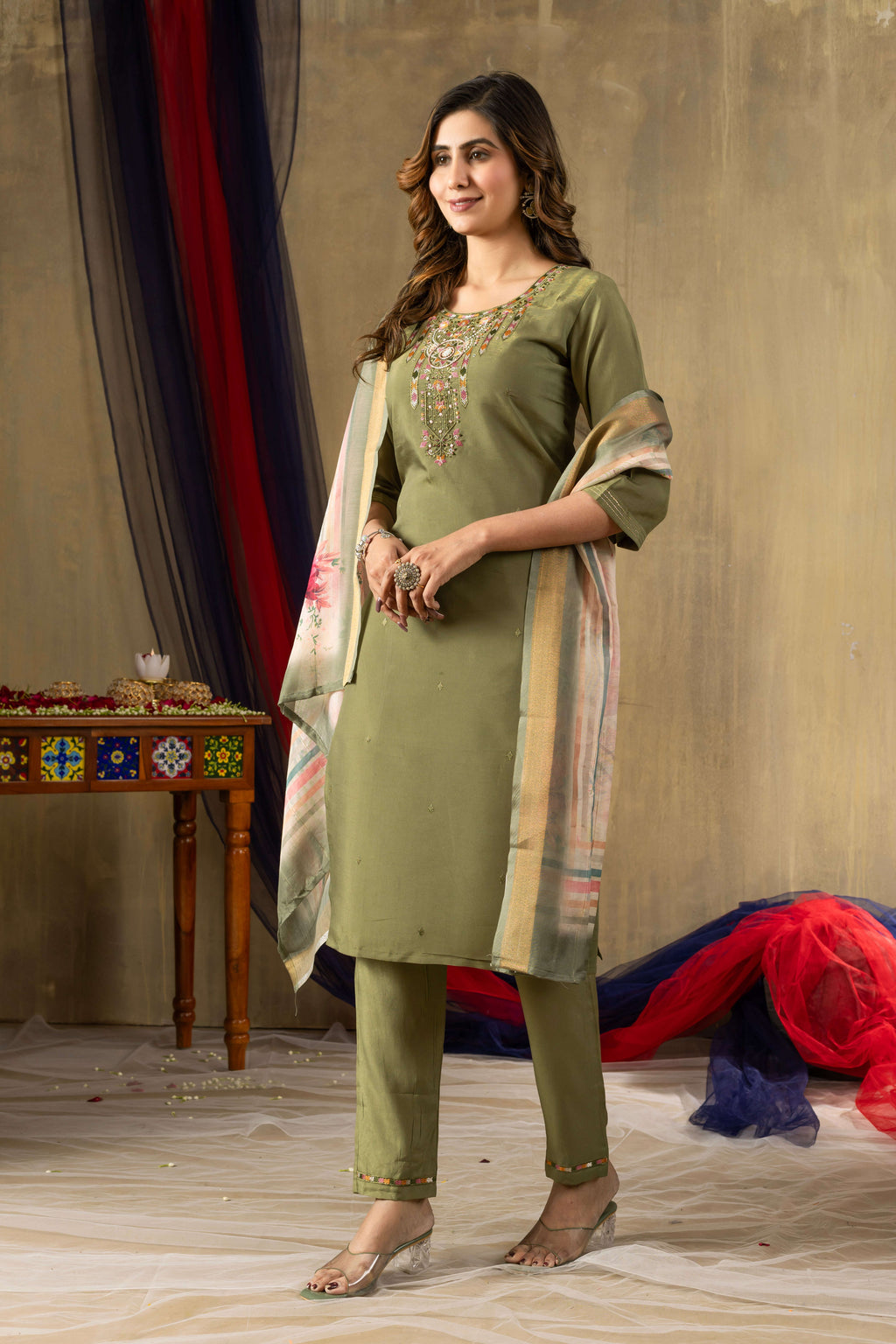 Elegant Straight Kurti Pant Dupatta Set KADV-109 - Green Kalikar