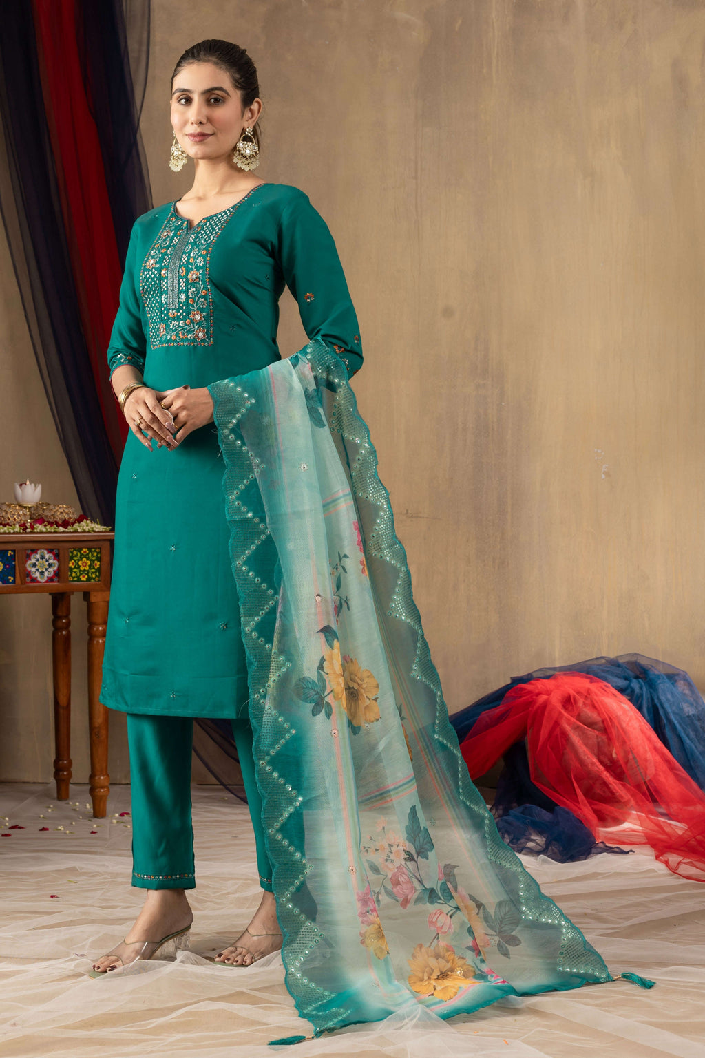 Elegant Straight Kurti Pant Dupatta Set KADV-108 - Rama Green Kalikar