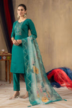 Elegant Straight Kurti Pant Dupatta Set KADV-108 - Rama Green Kalikar