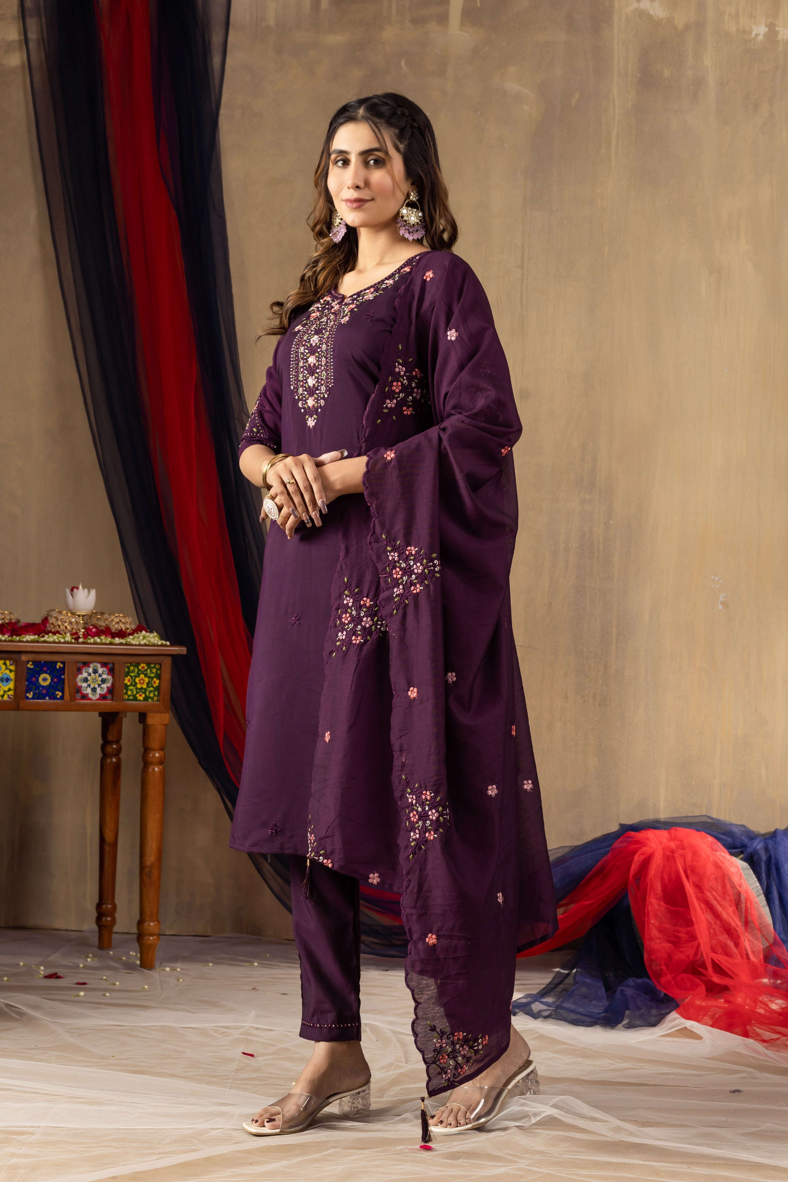 Elegant Straight Kurti Pant Dupatta Set KADV-106 - Wine Kalikar