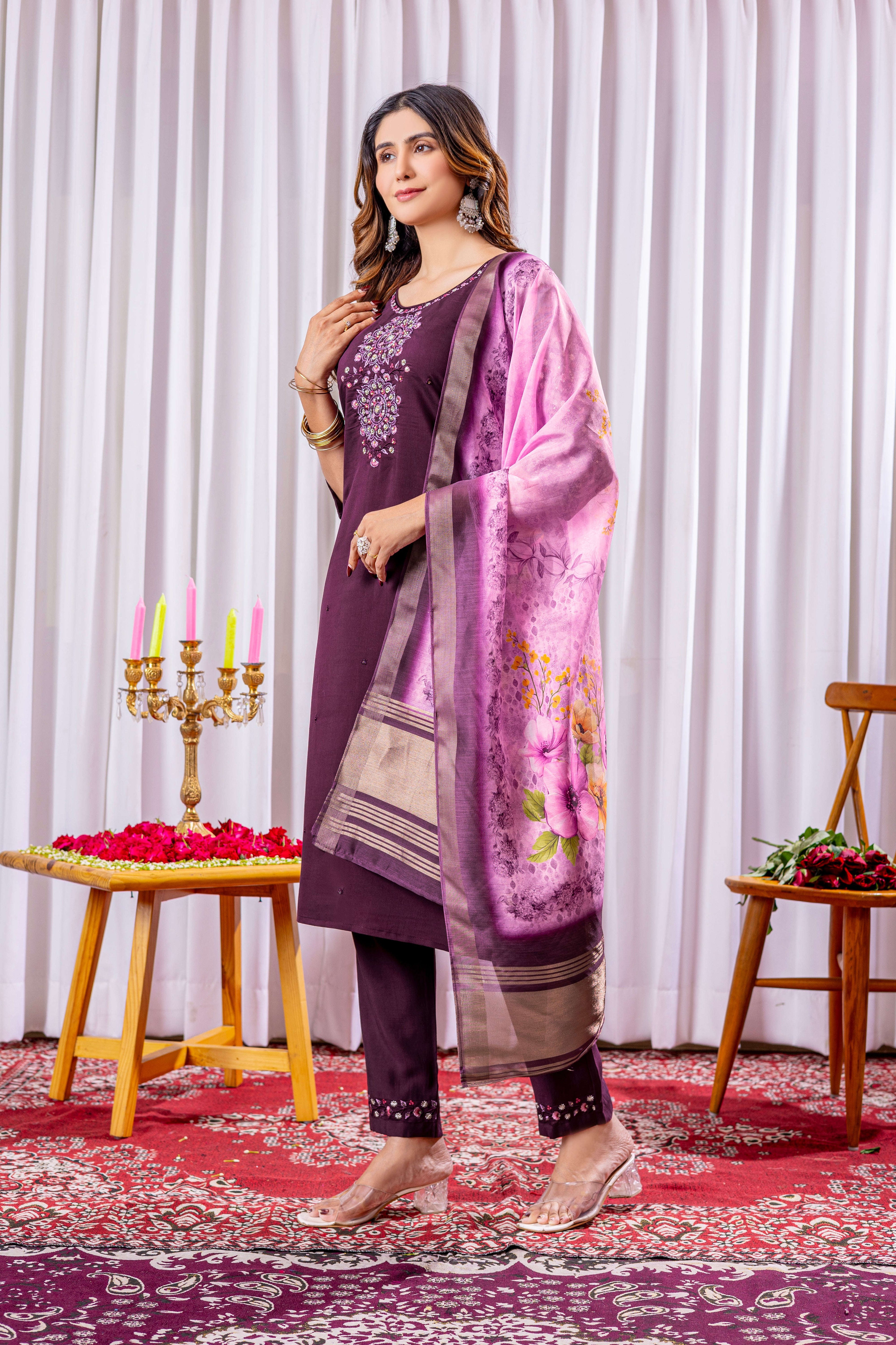 Elegant Straight Kurti Pant Dupatta Set KADV-111 -Wine Kalikar