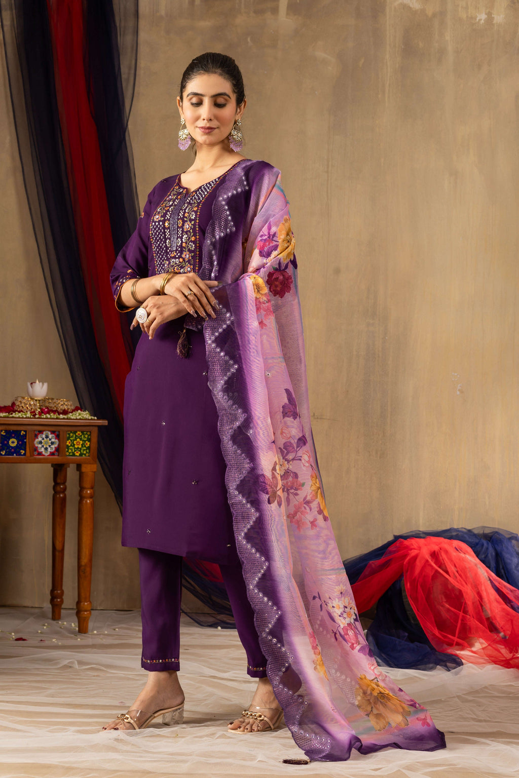 Elegant Straight Kurti Pant Dupatta Set KADV-108 - Purple Kalikar