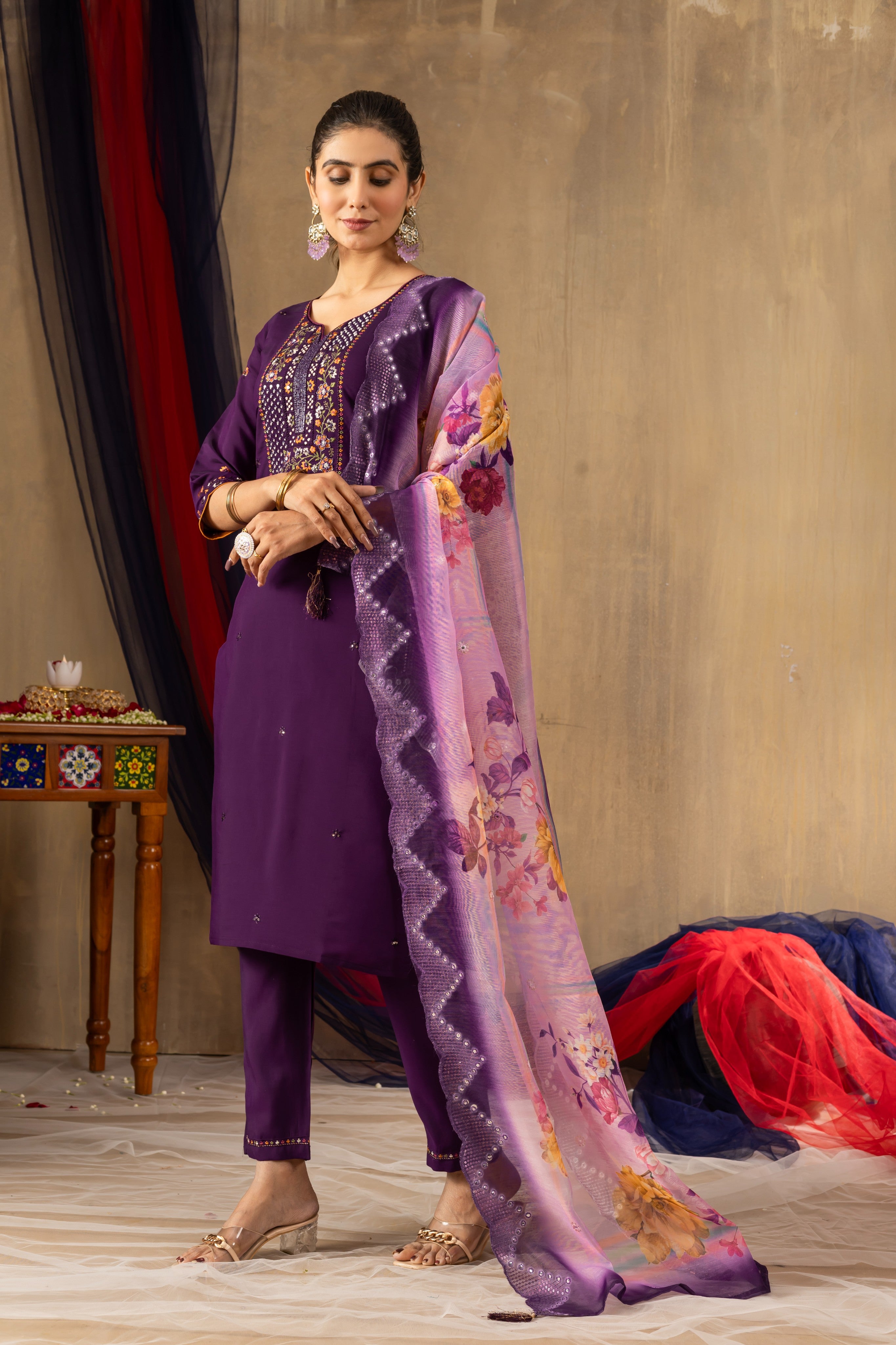 Elegant Straight Kurti Pant Dupatta Set KADV-108 - Purple