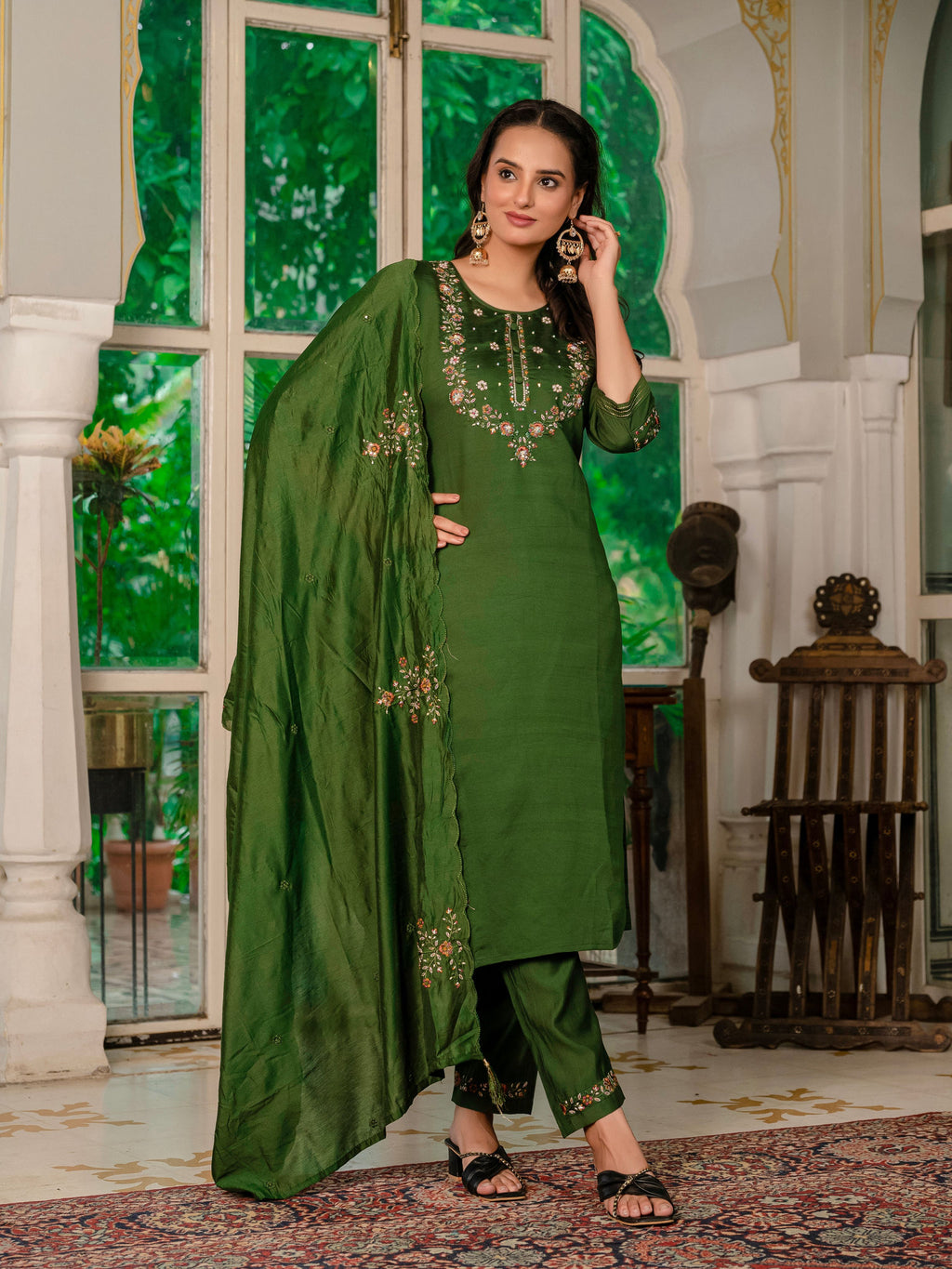Elegant Straight Kurti Pant Dupatta Set KADV-116 - Mehndi Green Kalikar