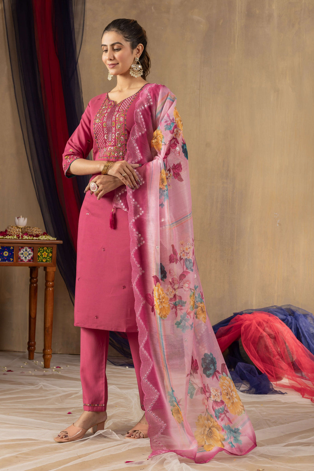 Elegant Straight Kurti Pant Dupatta Set KADV-108 - Pink Kalikar