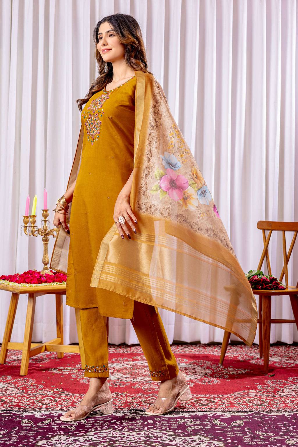 Elegant Straight Kurti Pant Dupatta Set KADV-111 -Mustard Kalikar