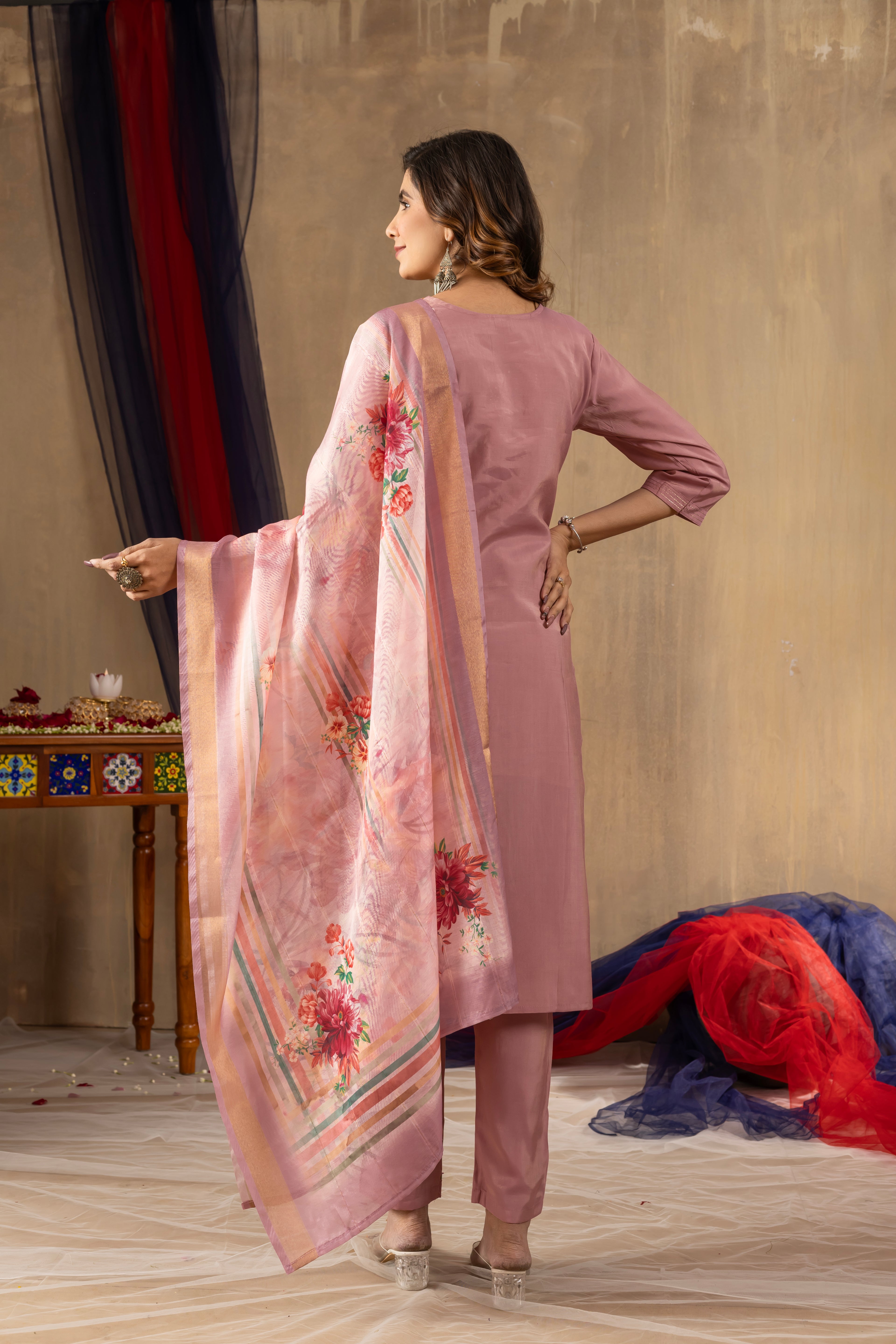 Elegant Straight Kurti Pant Dupatta Set KADV-109 - Onion Pink