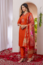 Elegant Straight Kurti Pant Dupatta Set of Orange