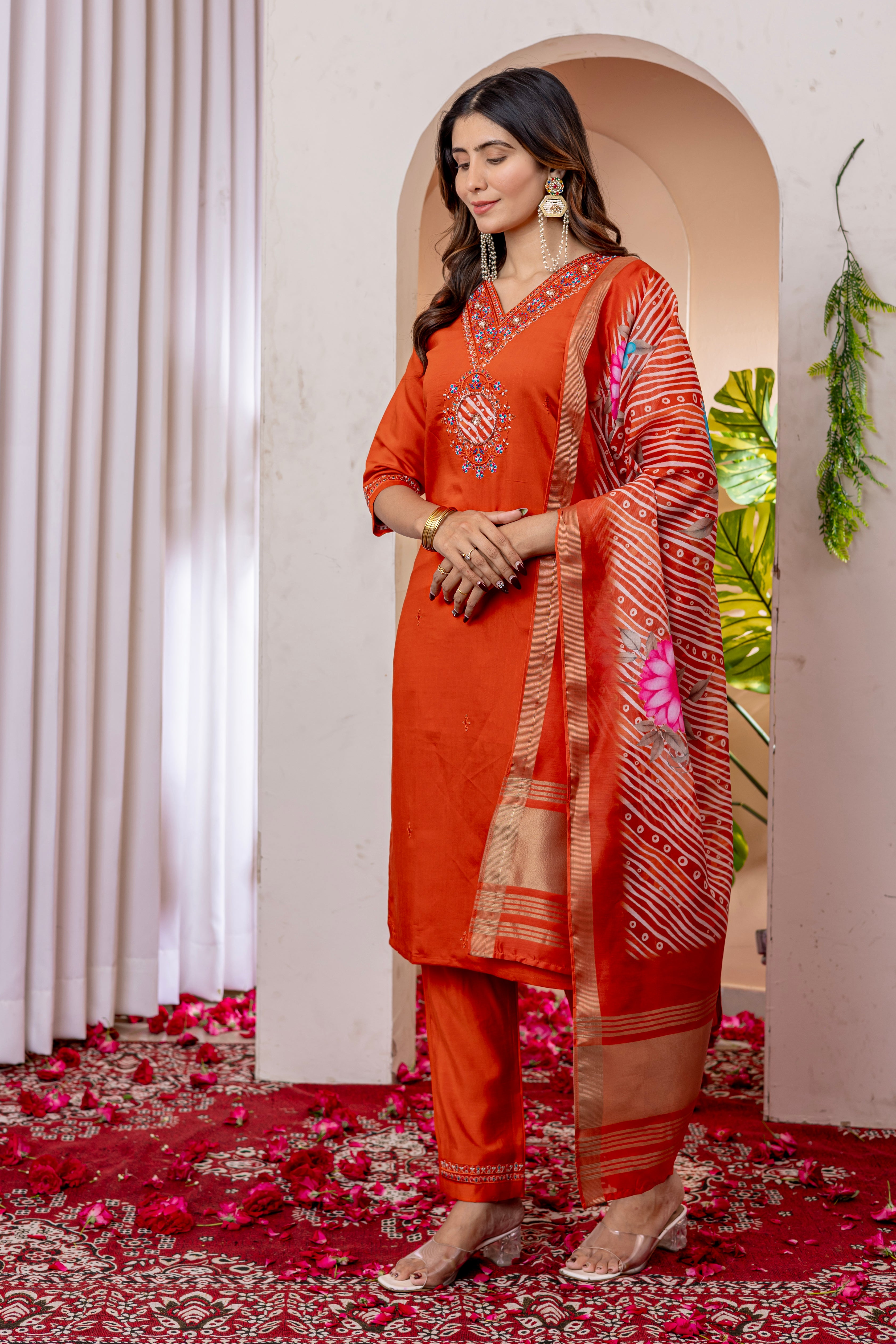 Elegant Straight Kurti Pant Dupatta Set of Orange