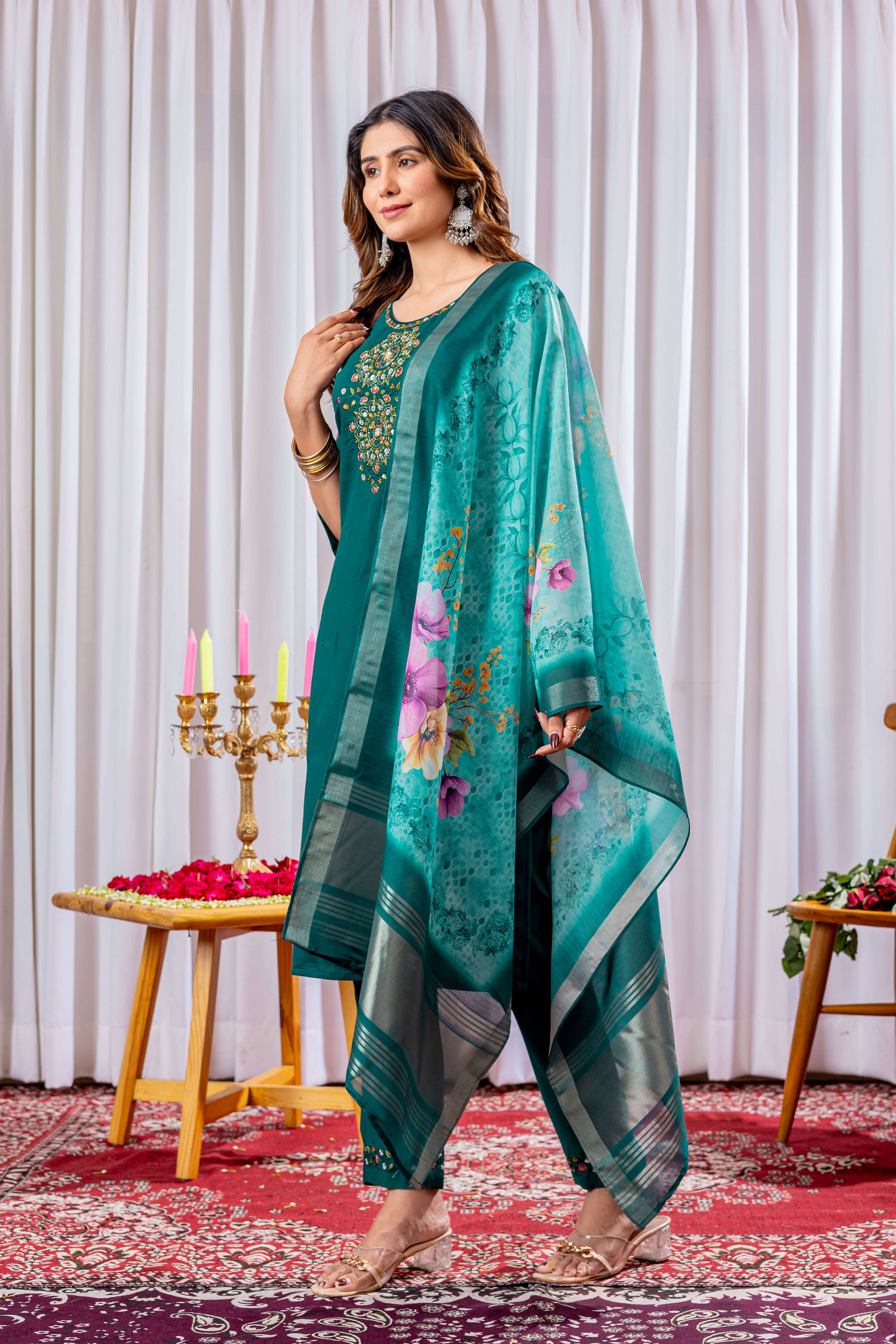 Elegant Straight Kurti Pant Dupatta Set KADV-111 -Green Kalikar