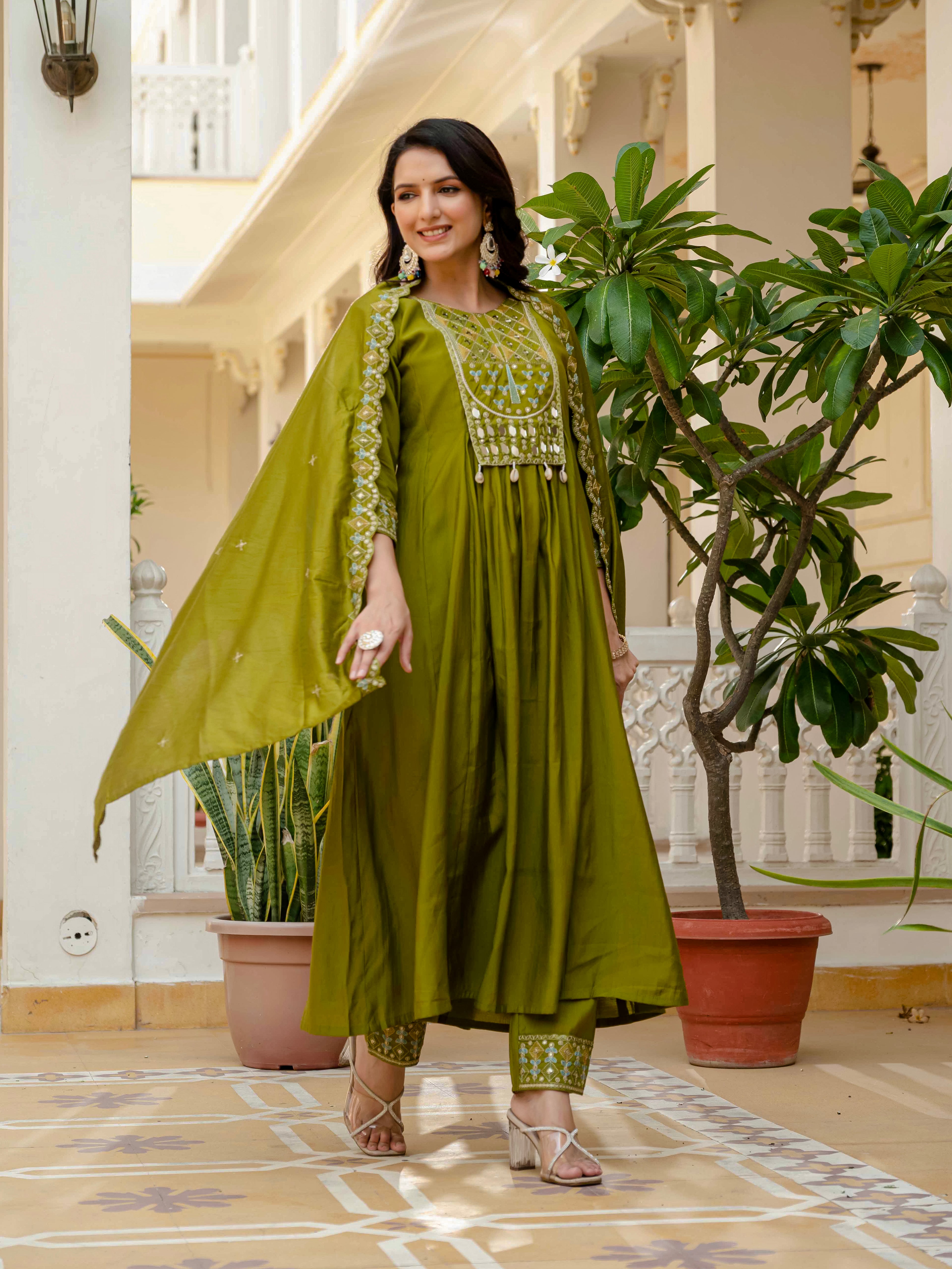 Elegant Straight Anarkali Kurta Set KADV-126- Mahendi