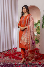 Elegant Straight Kurti Pant Dupatta Set KADV-111 -Orange Kalikar