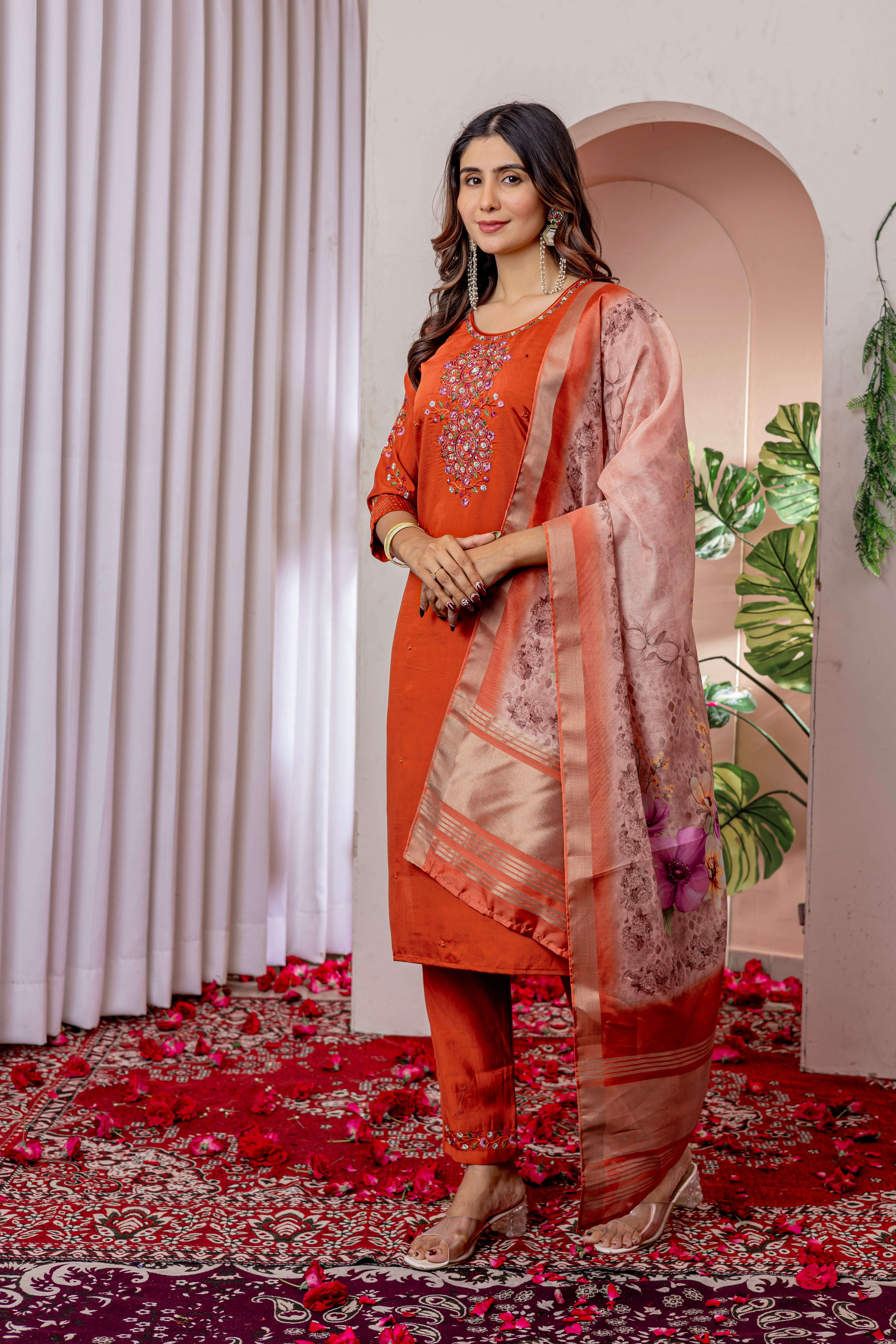 Elegant Straight Kurti Pant Dupatta Set KADV-111 -Orange Kalikar