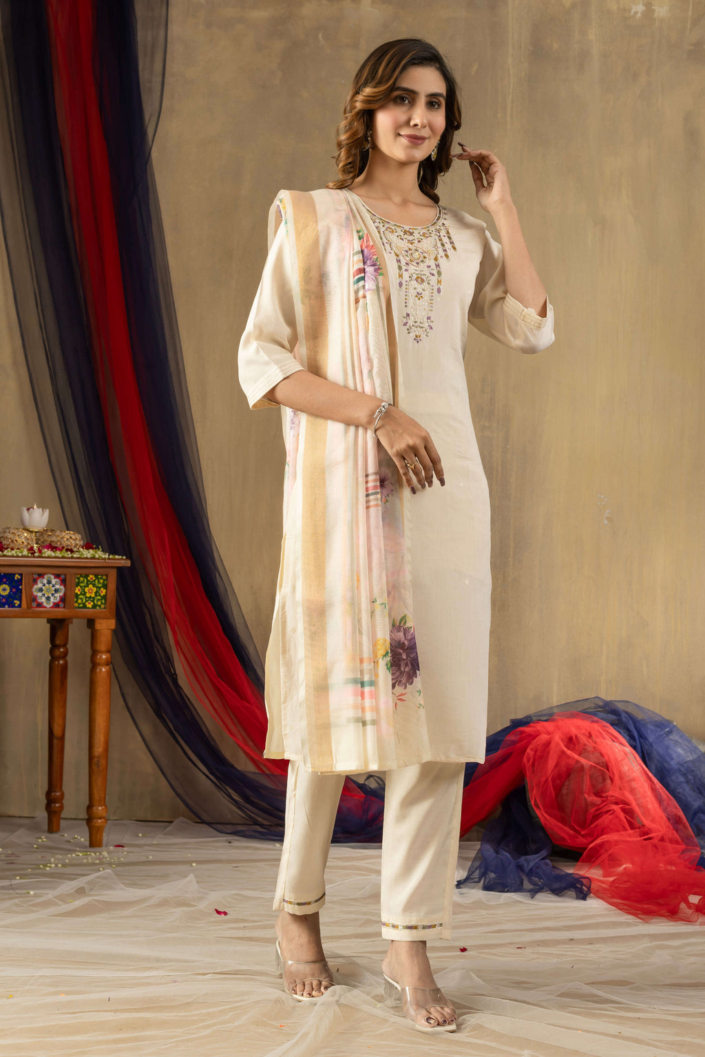 Elegant Straight Kurti Pant Dupatta Set KADV-109 - Off White Kalikar