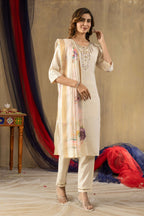 Elegant Straight Kurti Pant Dupatta Set KADV-109 - Off White Kalikar