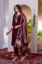 Elegant Straight Kurti Pant Dupatta Set KADV-112 - Wine Kalikar