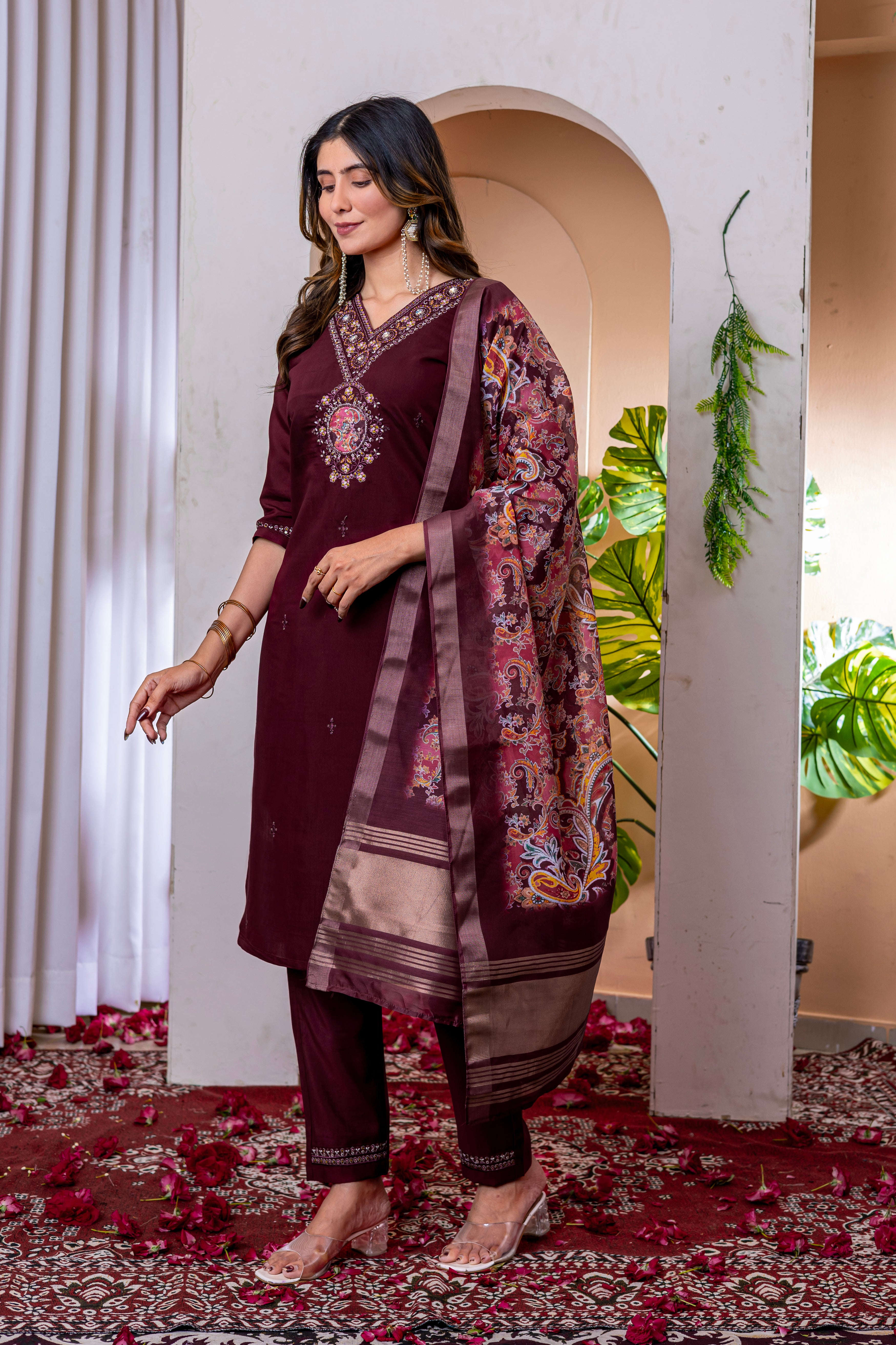 Elegant Straight Kurti Pant Dupatta Set KADV-112 - Wine Kalikar