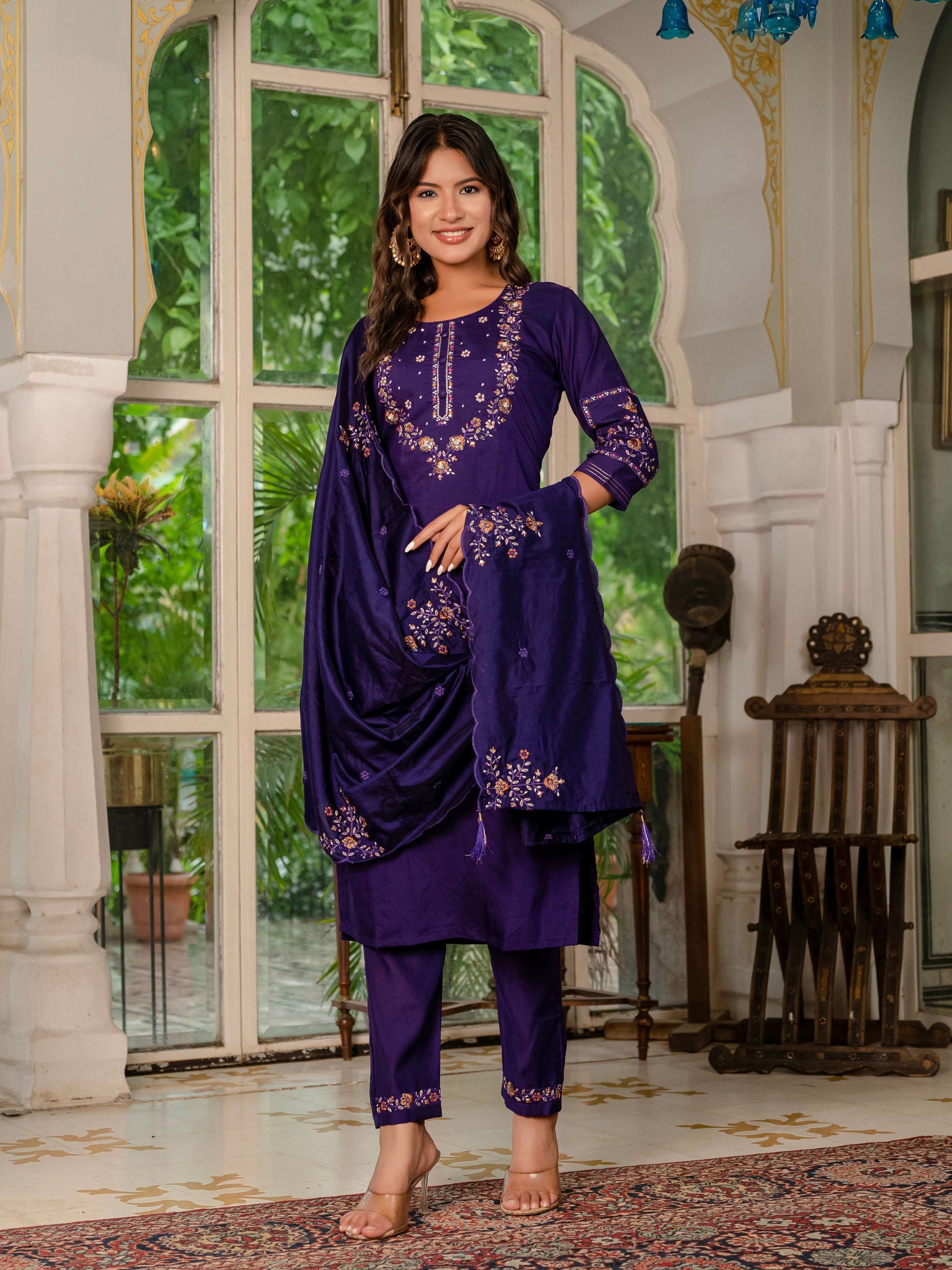 Elegant Straight Kurti Pant Dupatta Set KADV-116 - Violet Kalikar