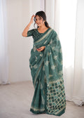 Designer Printed Pure Cotton Saree of Green