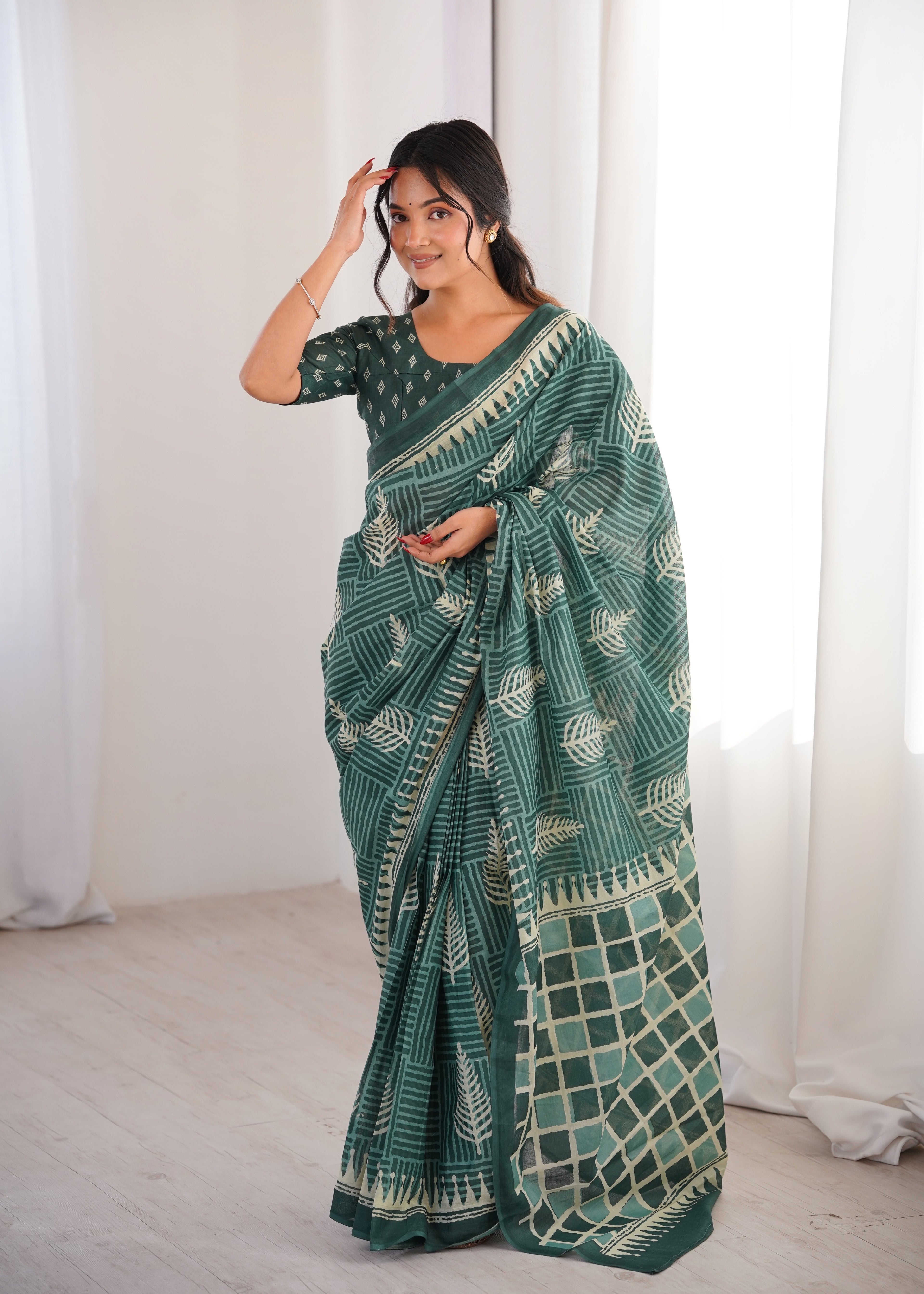 Designer Printed Pure Cotton Saree of Green