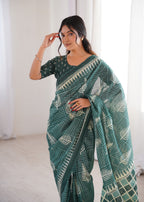 Designer Printed Pure Cotton Saree of Green