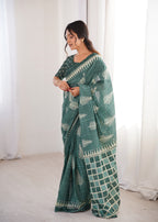 Designer Printed Pure Cotton Saree of Green