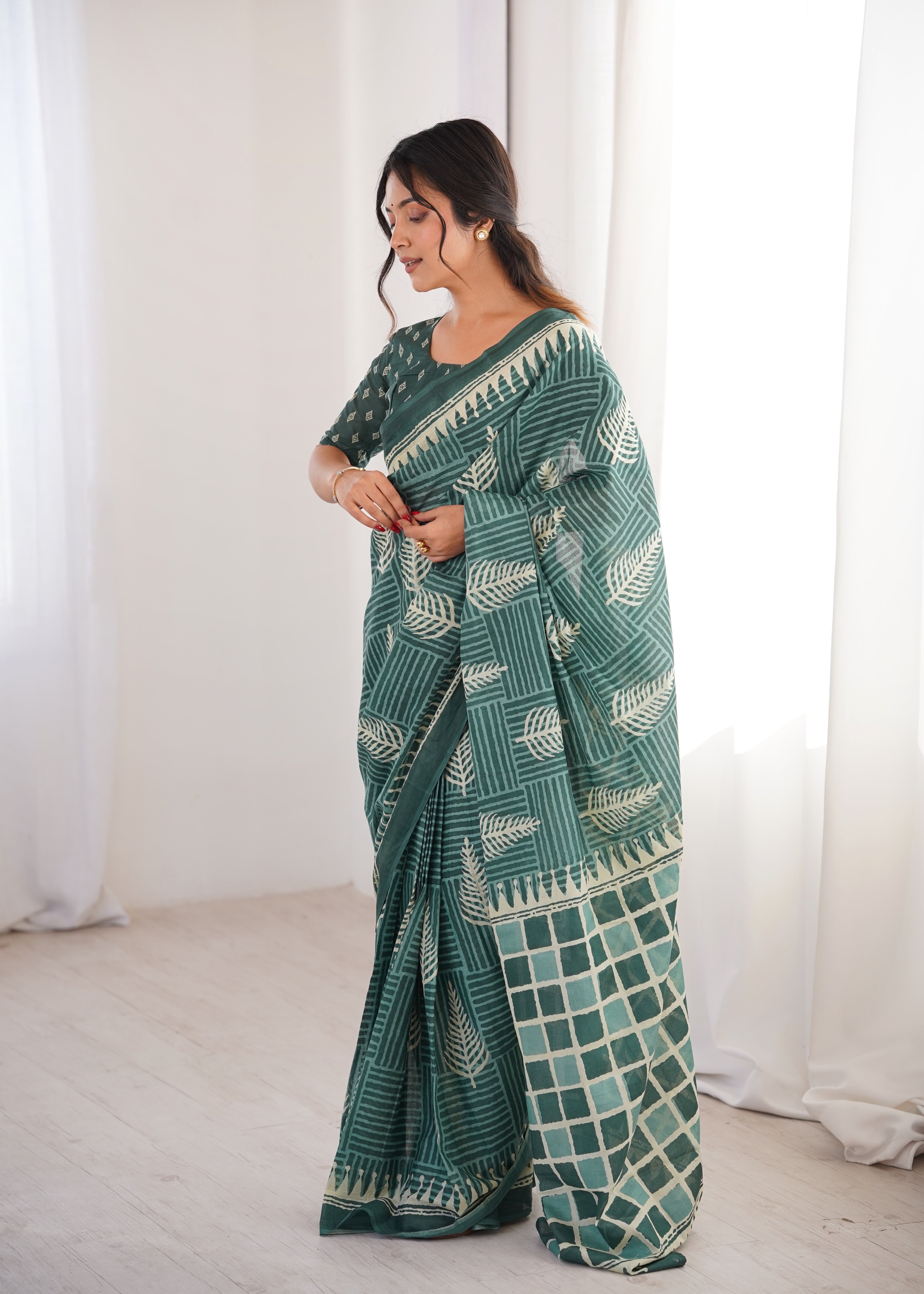 Designer Printed Pure Cotton Saree of Green