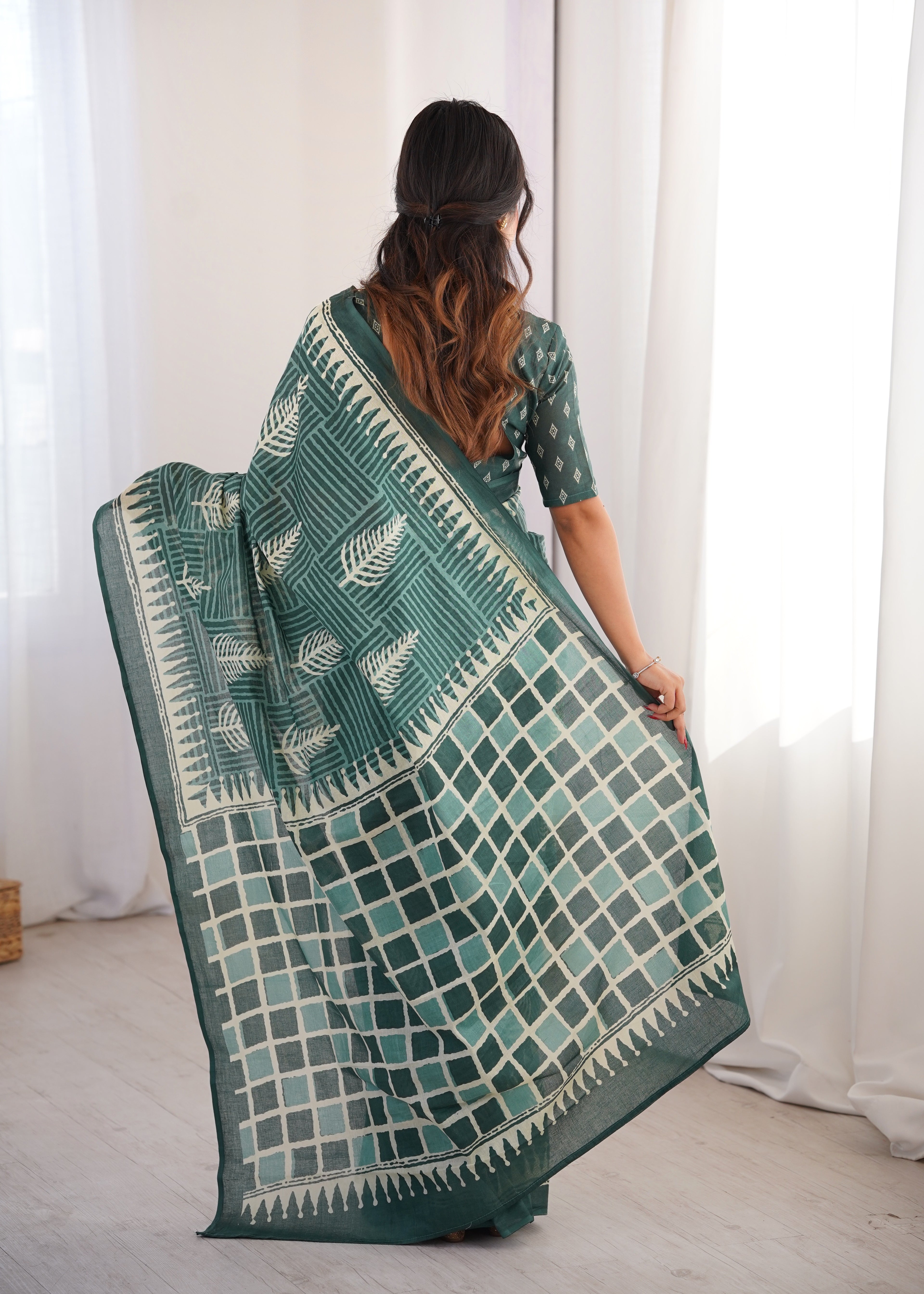 Designer Printed Pure Cotton Saree of Green