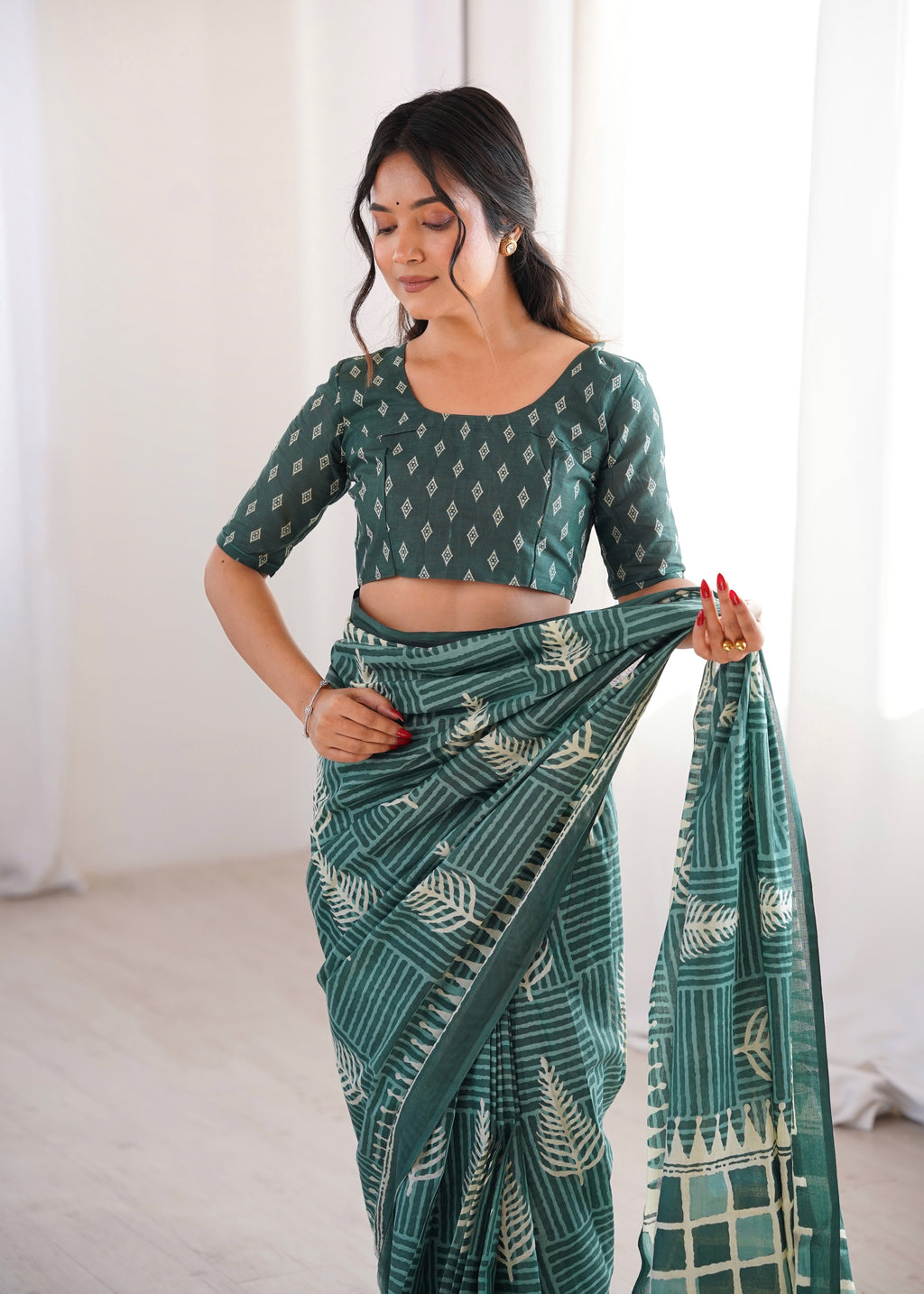Designer Printed Pure Cotton Saree of Green
