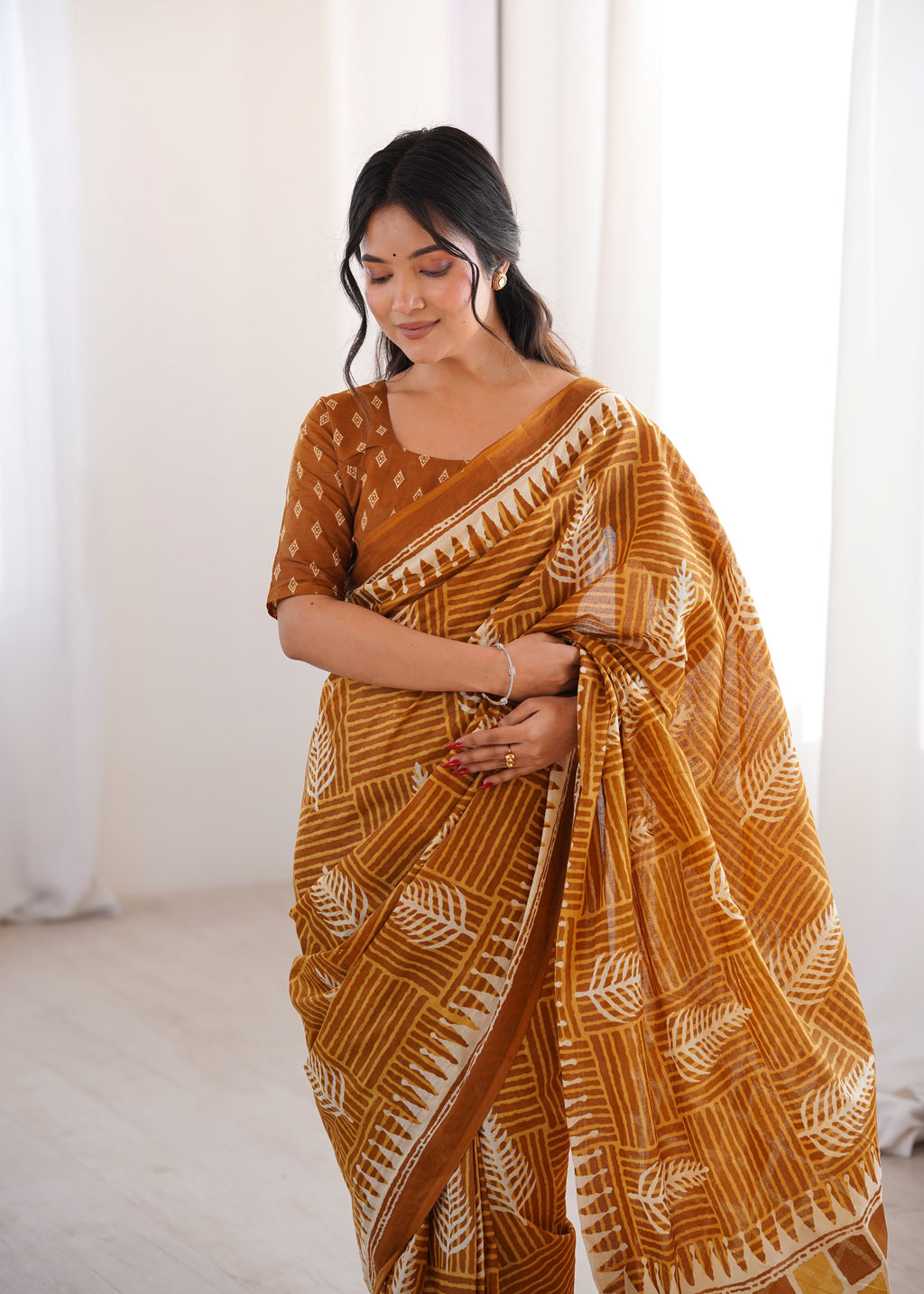 Designer Printed Pure Cotton Saree of Musterd