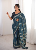 Designer Printed Pure Cotton Saree of Rama Green