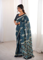 Designer Printed Pure Cotton Saree of Rama Green
