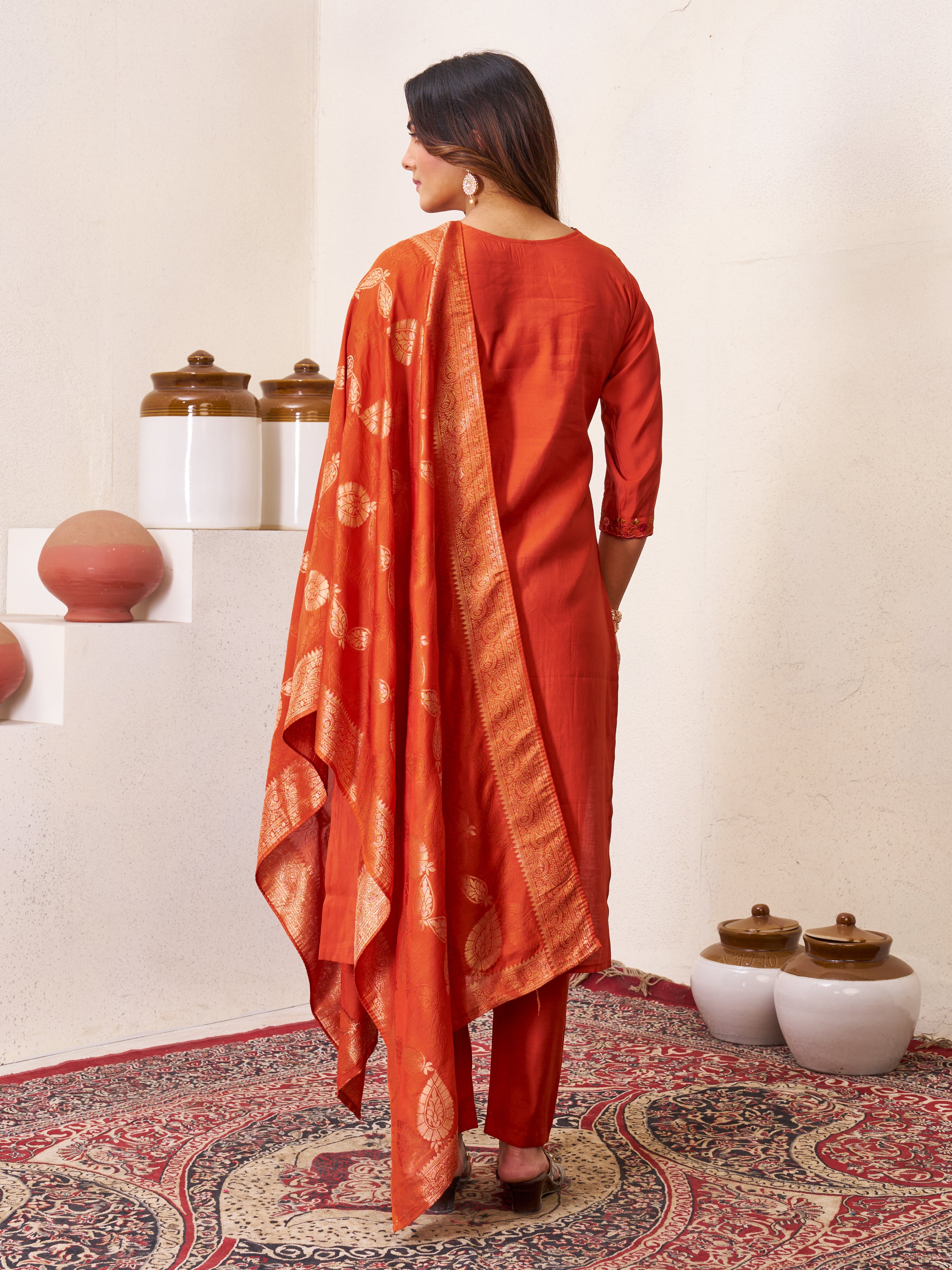 Elegant Straight Kurti Pant Dupatta Set of Rust
