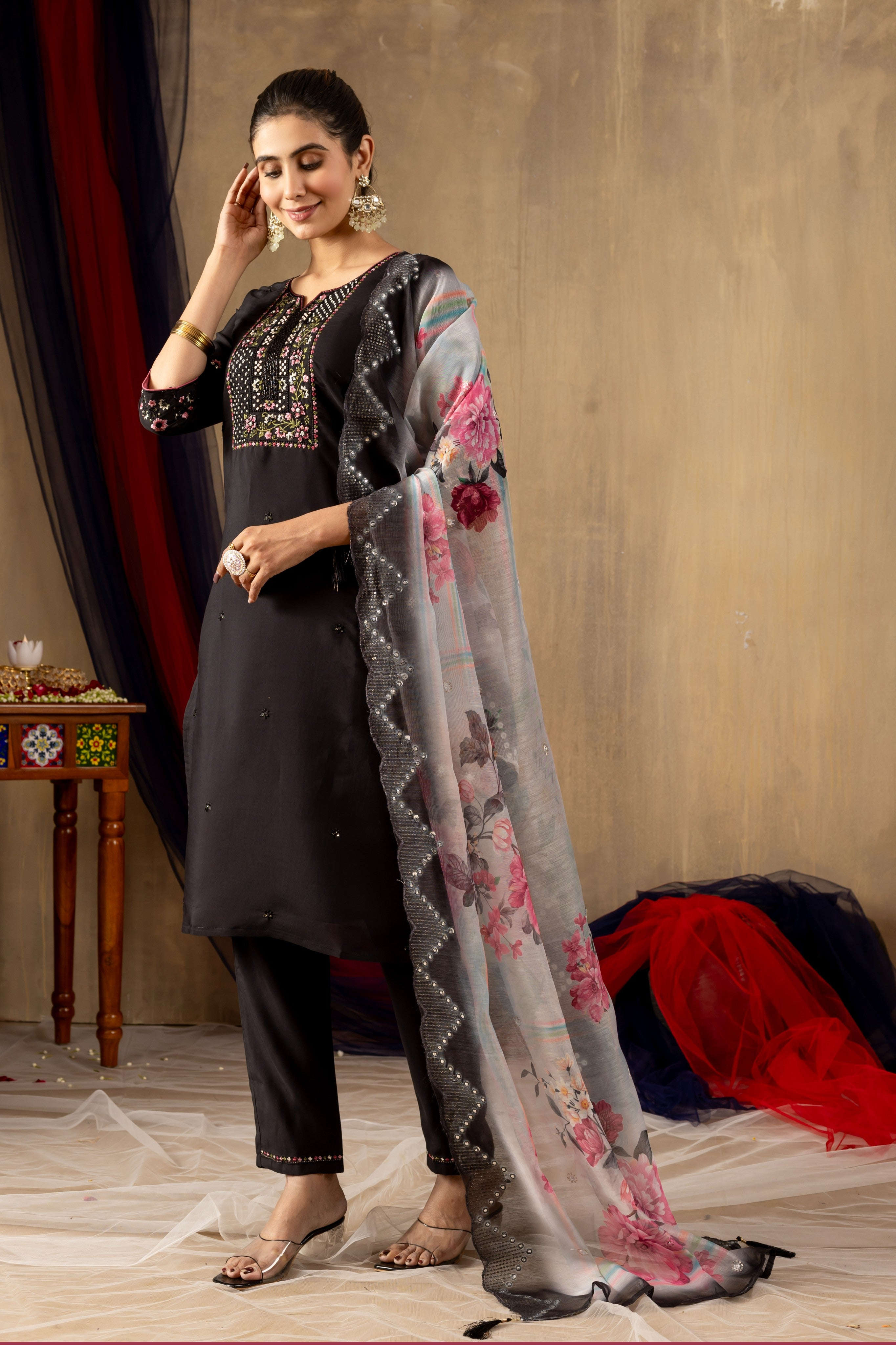 Elegant Straight Kurti Pant Dupatta Set KADV-108 - Black Kalikar