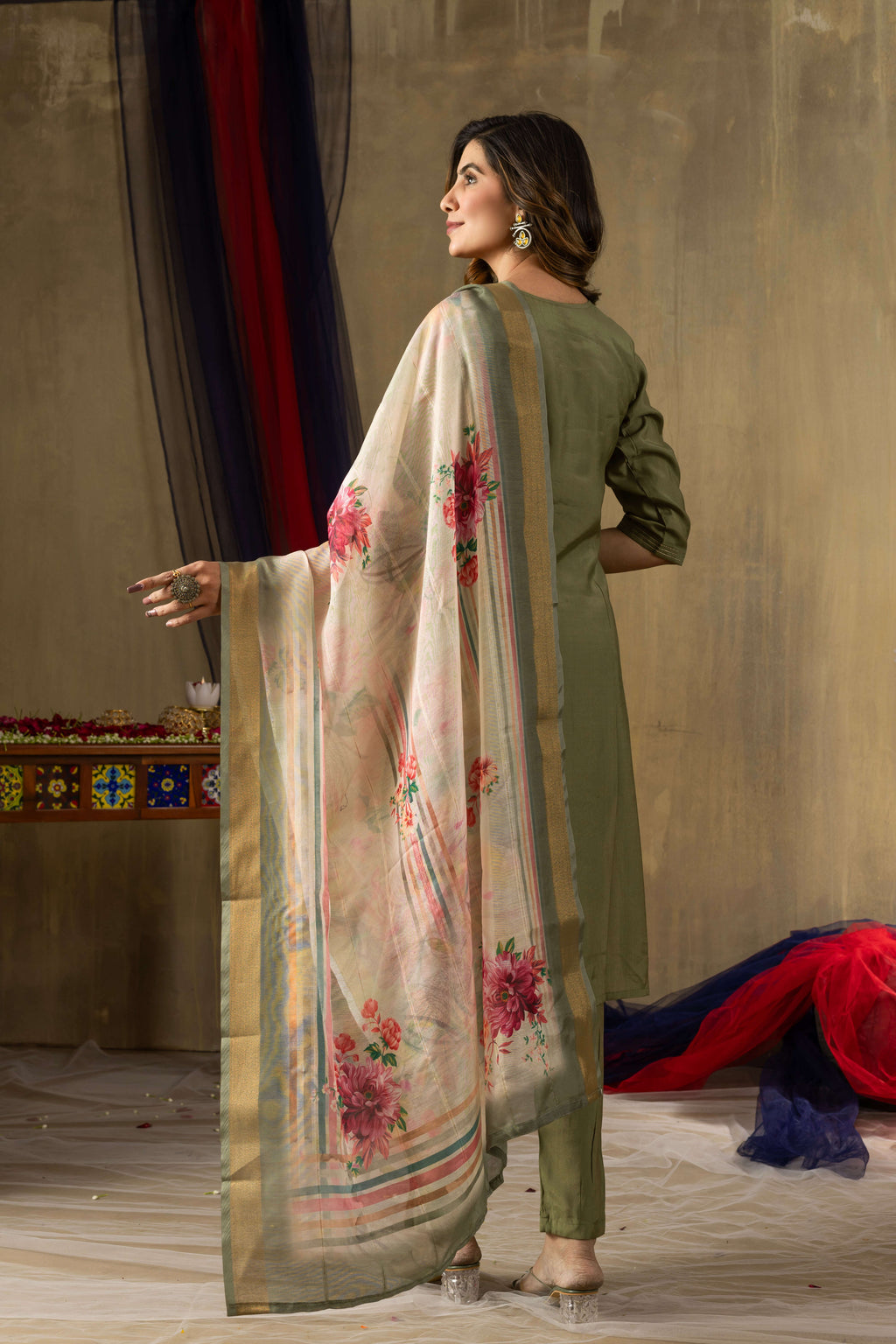 Elegant Straight Kurti Pant Dupatta Set KADV-109 - Green Kalikar