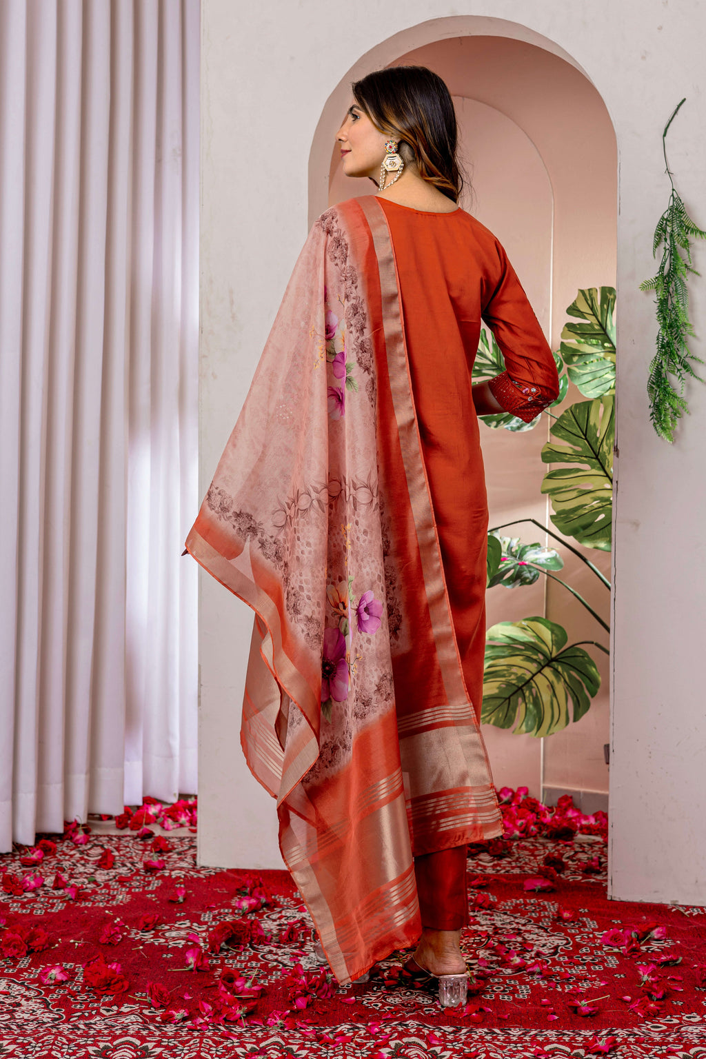 Elegant Straight Kurti Pant Dupatta Set KADV-111 -Orange Kalikar