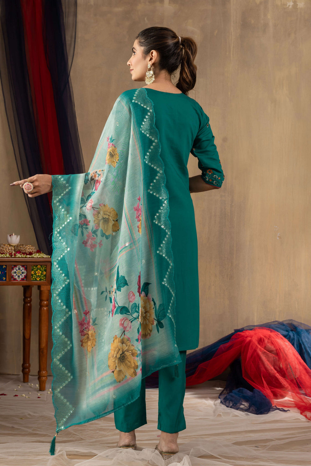 Elegant Straight Kurti Pant Dupatta Set KADV-108 - Rama Green Kalikar