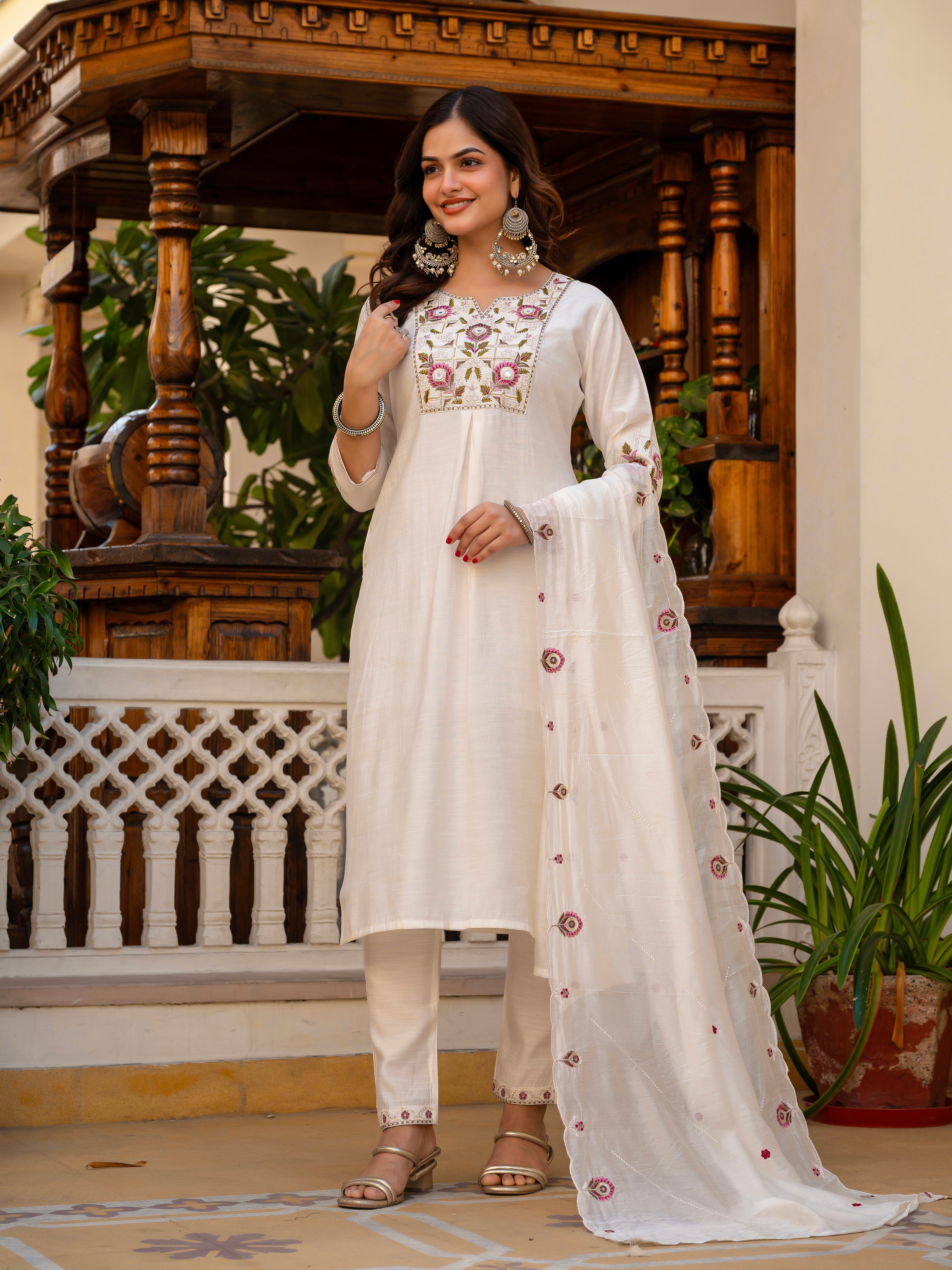 Elegant Straight Kurti Pant Dupatta Set of White