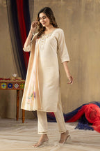 Elegant Straight Kurti Pant Dupatta Set KADV-109 - Off White Kalikar