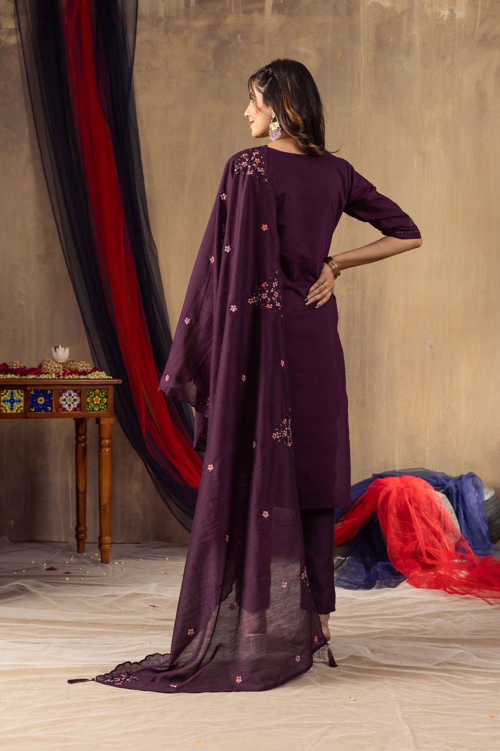 Elegant Straight Kurti Pant Dupatta Set KADV-106 - Wine Kalikar
