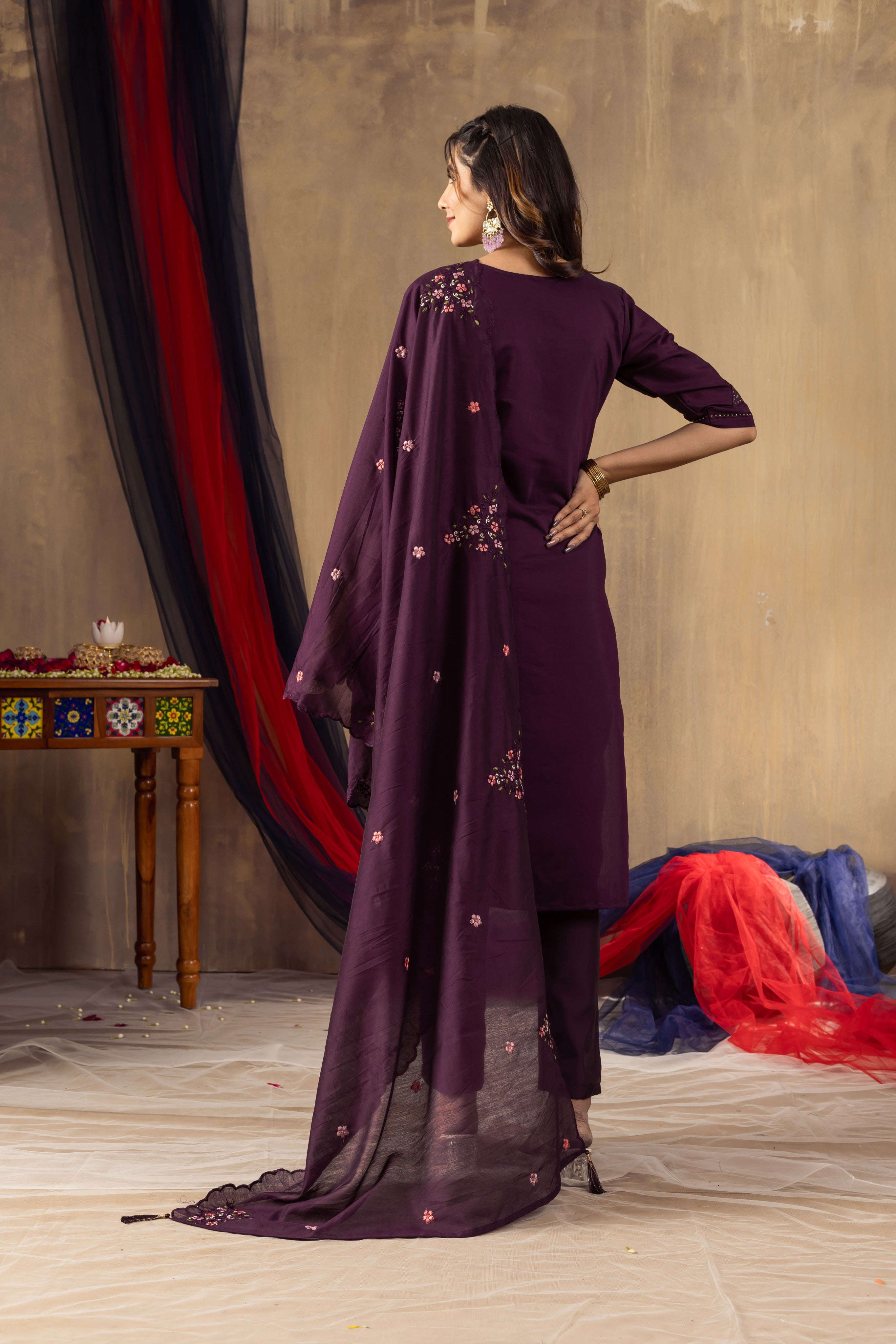 Elegant Straight Kurti Pant Dupatta Set KADV-106 - Wine Kalikar
