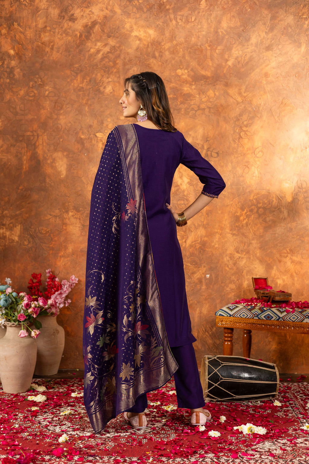 Elegant Straight Kurti Pant Dupatta Set KADV-103 - Purple Kalikar