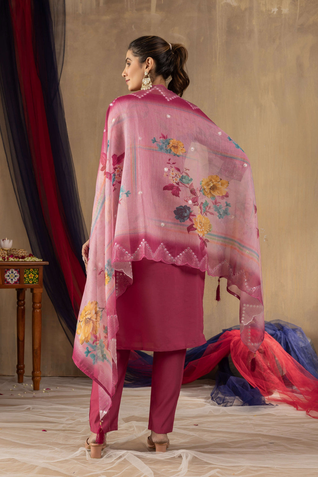 Elegant Straight Kurti Pant Dupatta Set KADV-108 - Pink Kalikar