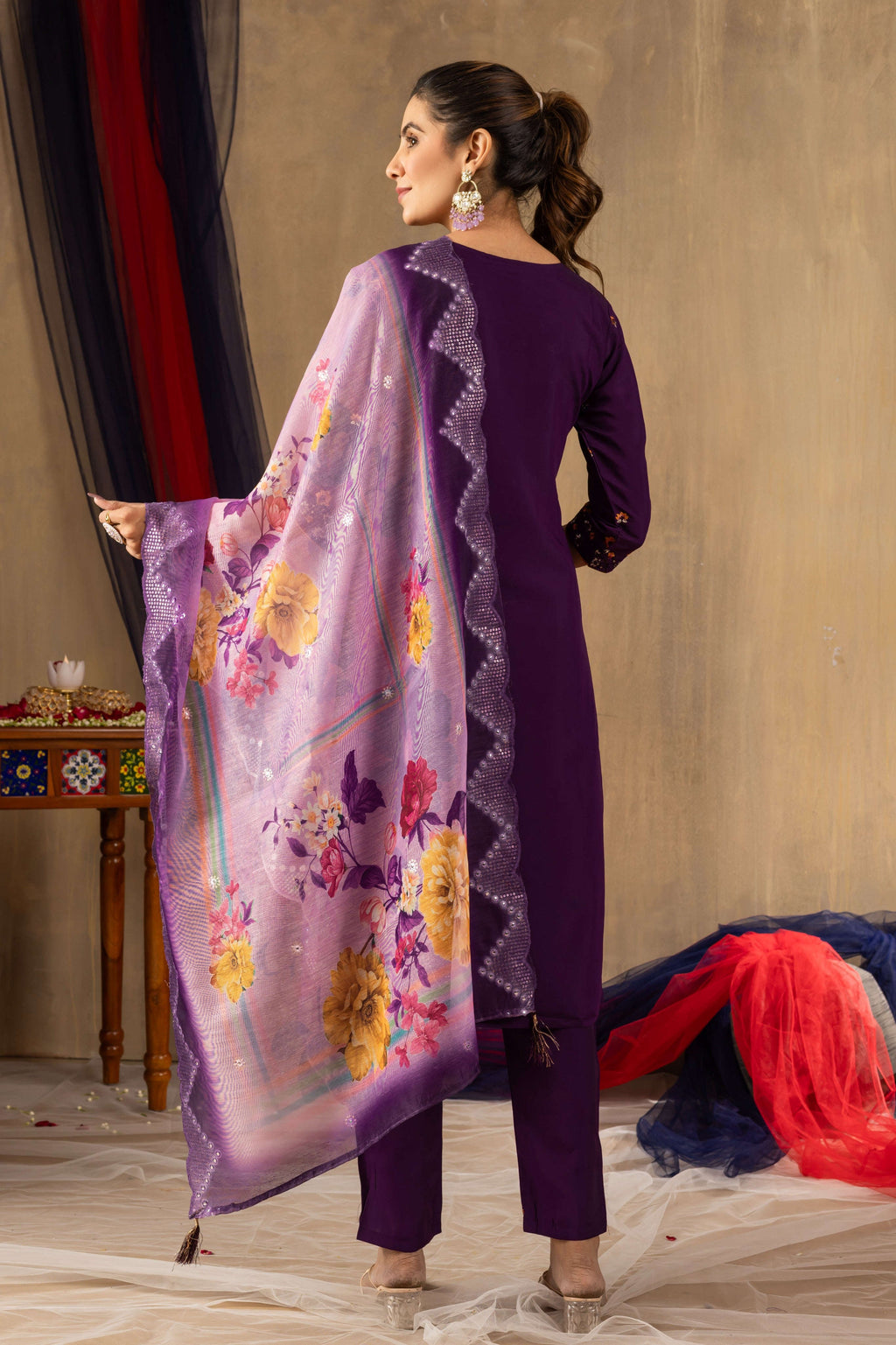 Elegant Straight Kurti Pant Dupatta Set KADV-108 - Purple Kalikar