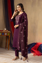 Elegant Straight Kurti Pant Dupatta Set KADV-104 - Wine Kalikar